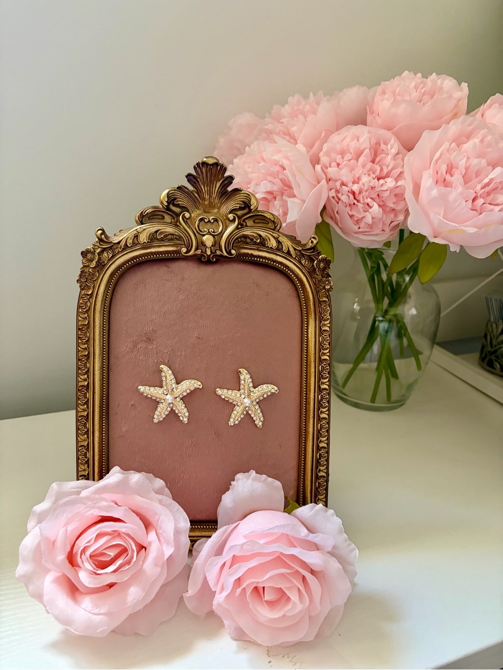 Gold Starfish Pearl Rhinestone Statement Earrings | Coastal Beach Glam Jewelry
